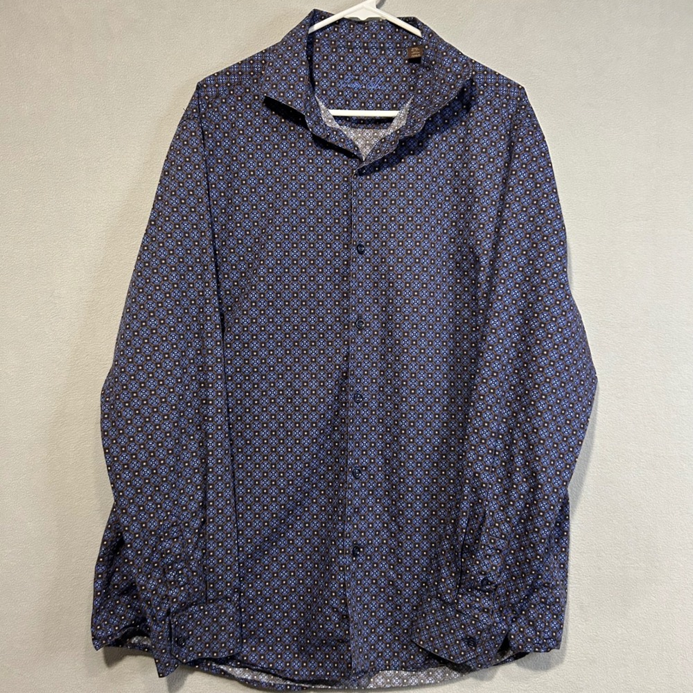 Tasso Elba Mens XXL 18/18.5 Geometric Long Sleeve Button‎ Down Shirt Cotton